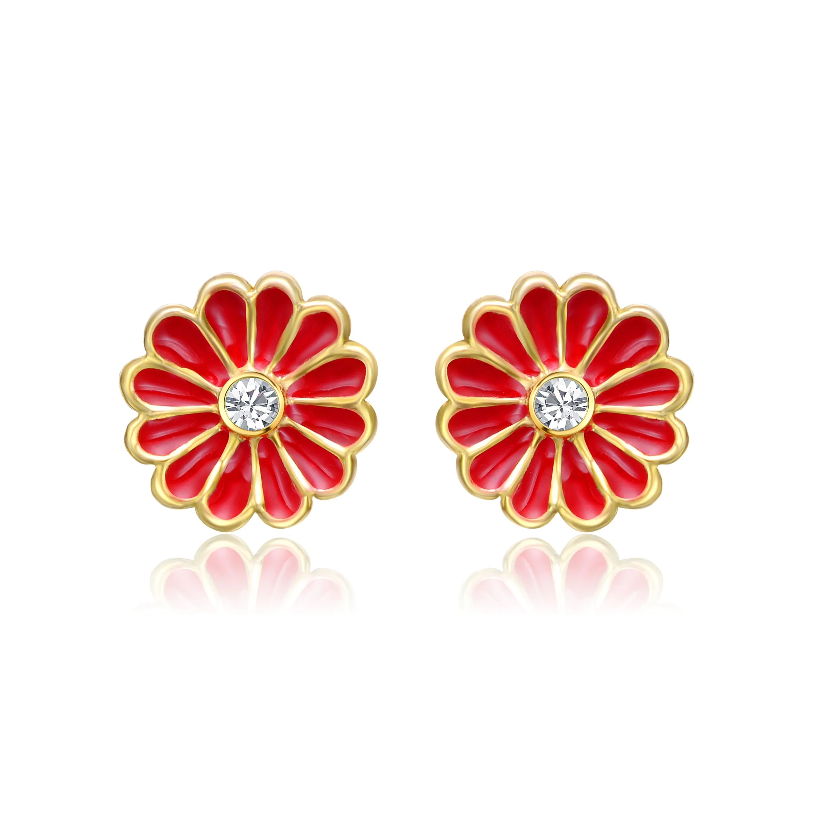 14k Gold Plated Clear Cubic Zirconia & Red Enamel Flower Stud Earrings