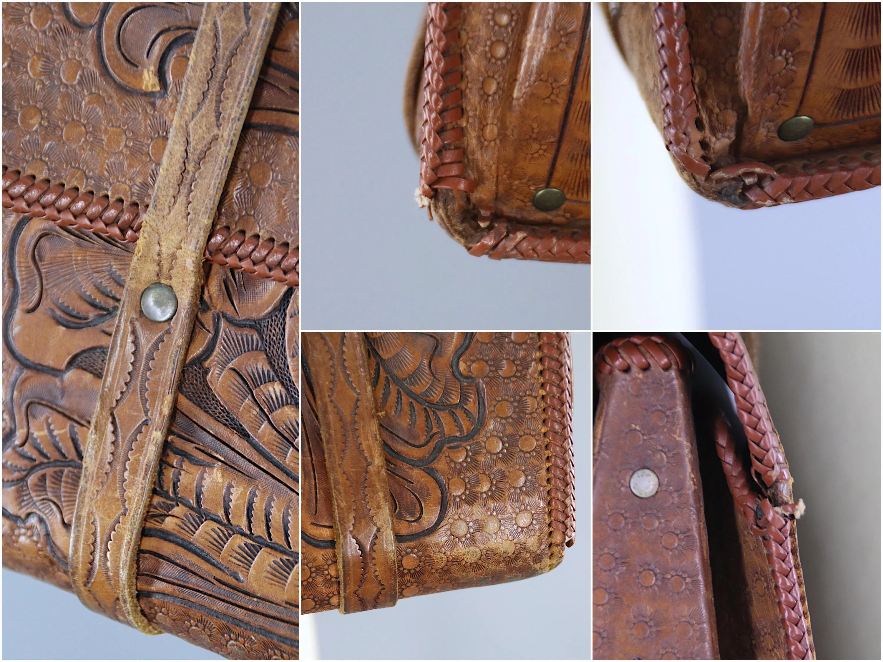 1960s Vintage Tooled Leather Shoulder Bag / Tortoise Lucite Clasp