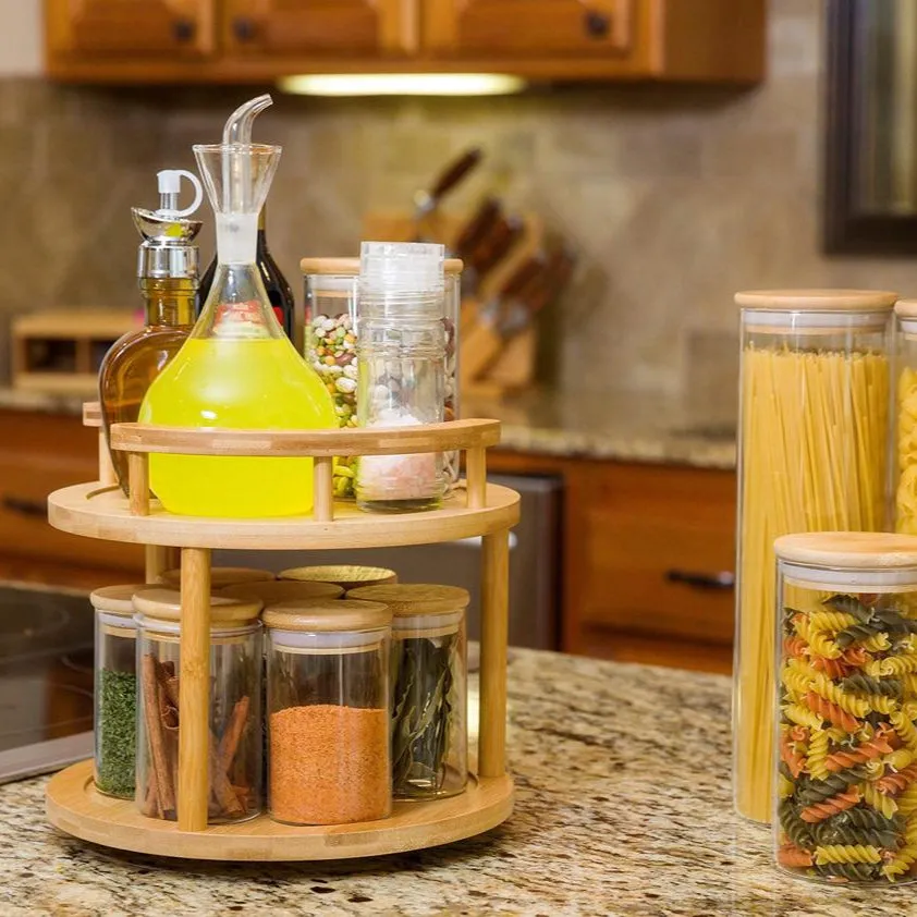 2 Tier Rotating Bamboo Spice Kitchen Storage Organizer