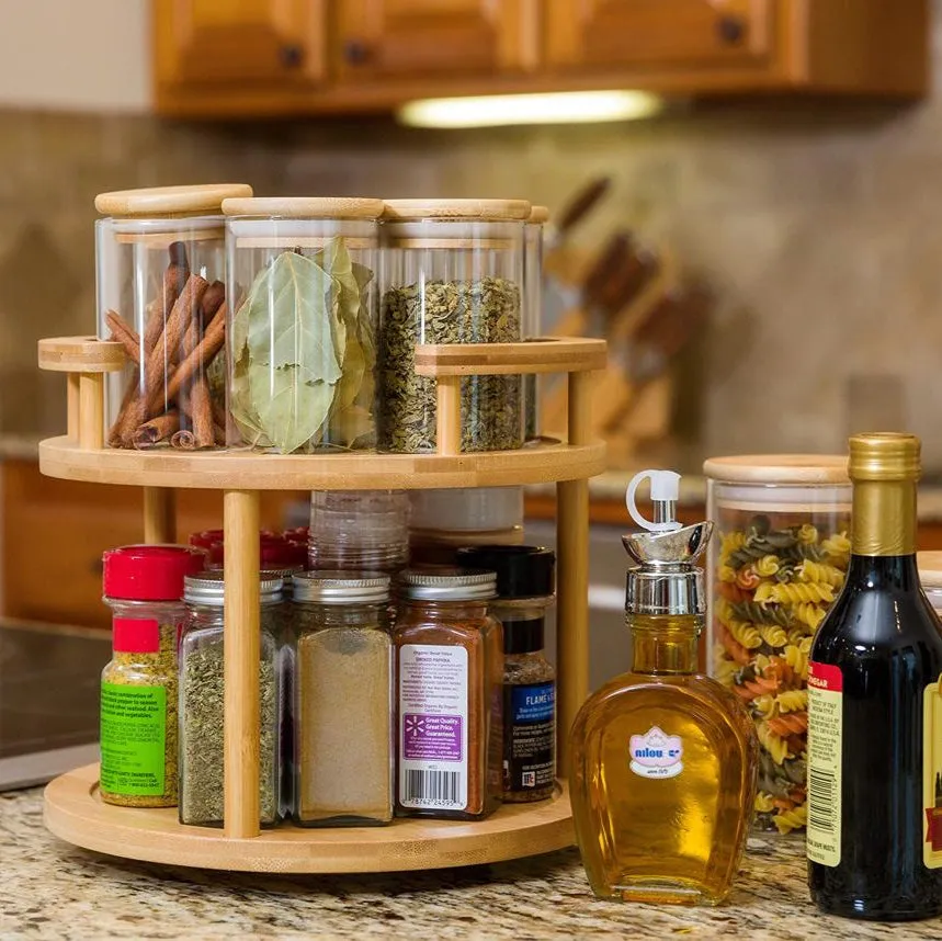 2 Tier Rotating Bamboo Spice Kitchen Storage Organizer