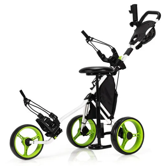 3 Wheels Folding Golf Push Cart with Seat Scoreboard and Adjustable Handle-Green