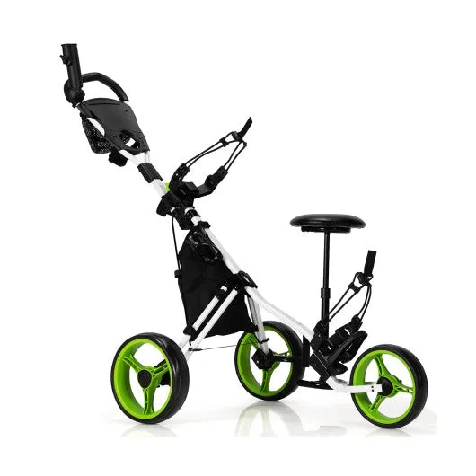 3 Wheels Folding Golf Push Cart with Seat Scoreboard and Adjustable Handle-Green