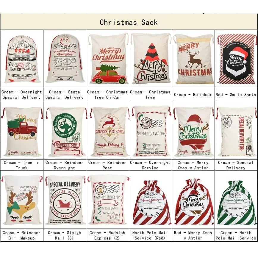 50x70cm Canvas Hessian Christmas Santa Sack Xmas Stocking Reindeer Kids Gift Bag, Cream - Bell