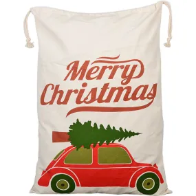 50x70cm Canvas Hessian Christmas Santa Sack Xmas Stocking Reindeer Kids Gift Bag, Cream - Christmas Tree On Car