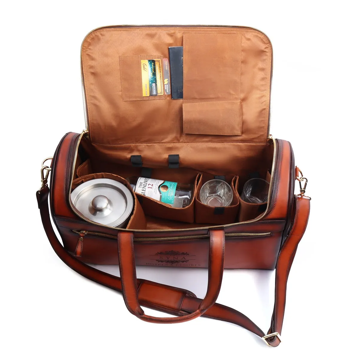 Bespoke Tan Darker Laser Scritto Multi-Pockets Smokey Finish Leather Duffle Bag By Brune & Bareskin