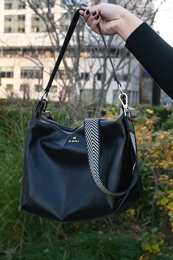 Black Leather Midi Crossbody Bag