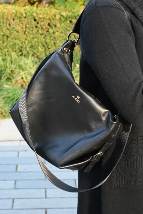 Black Leather Midi Crossbody Bag