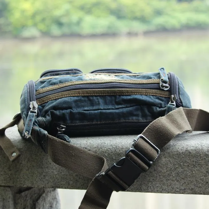 Blue Denim Mens Casual Waist Bag Fanny Packs Blue Jean Hip Bag Bum Bags For Men