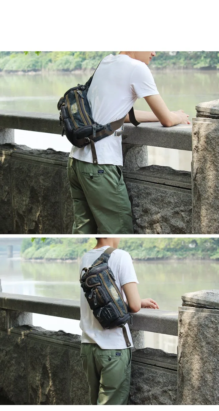 Blue Denim Mens Casual Waist Bag Fanny Packs Blue Jean Hip Bag Bum Bags For Men