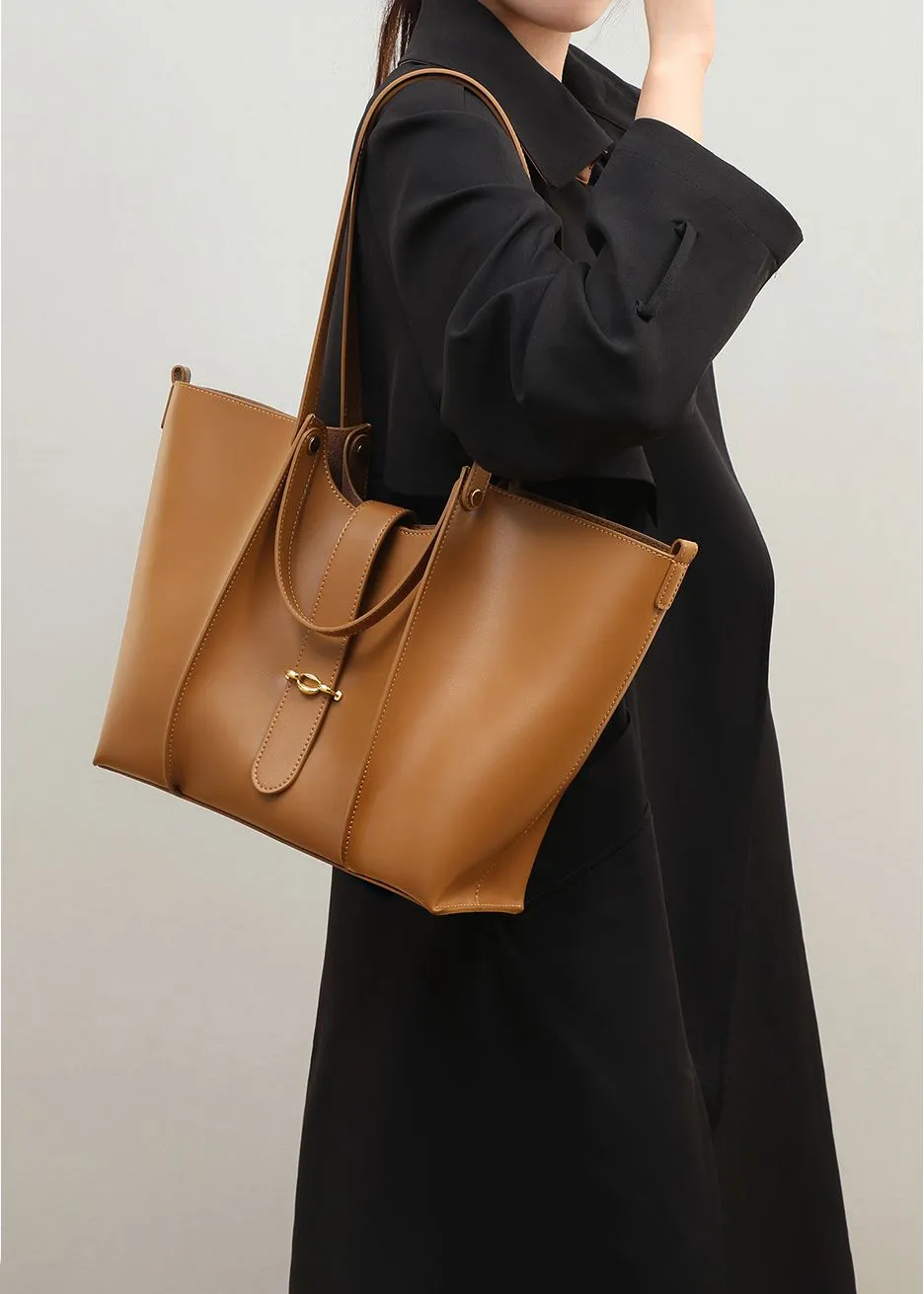 Brown Genuine Leather Belted Tote Bag