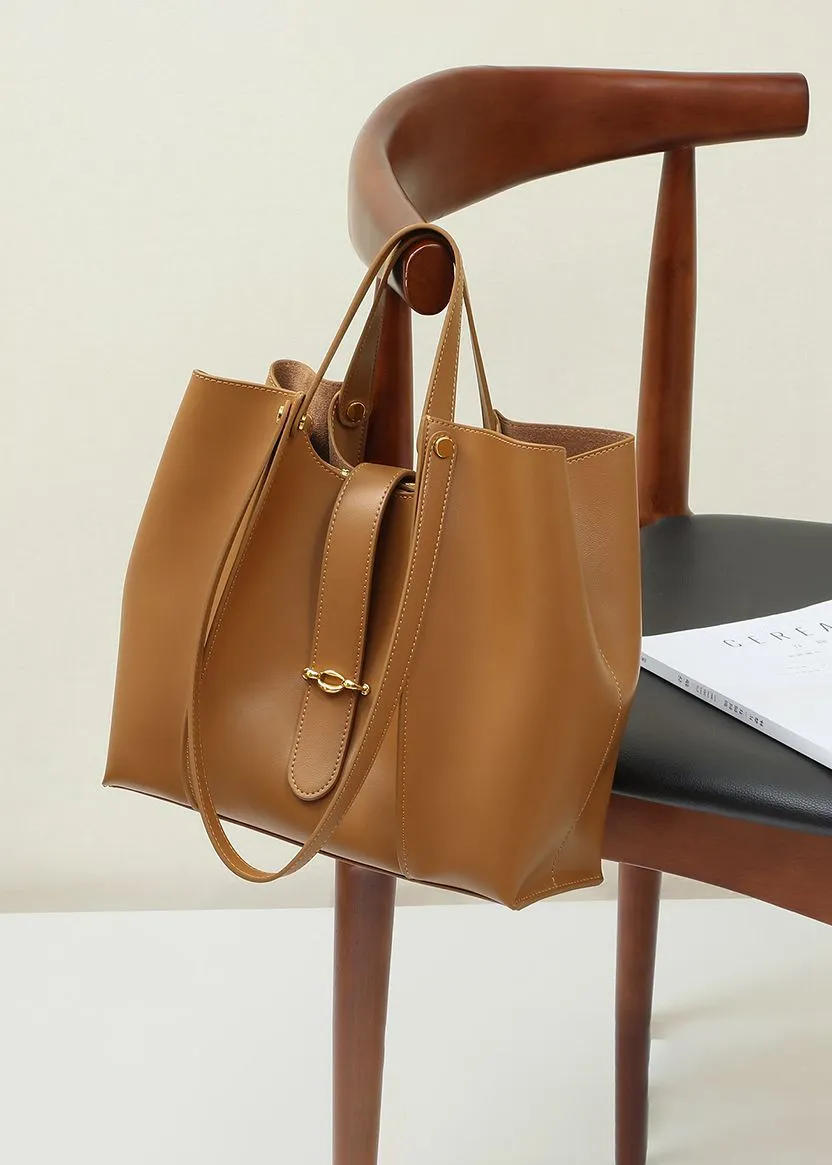 Brown Genuine Leather Belted Tote Bag