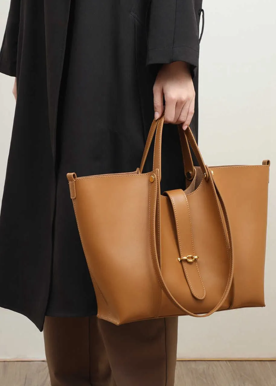 Brown Genuine Leather Belted Tote Bag