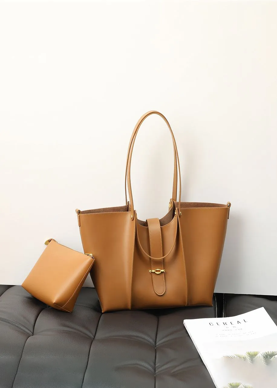 Brown Genuine Leather Belted Tote Bag