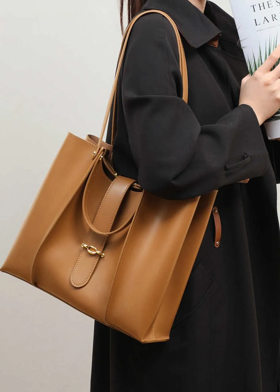 Brown Genuine Leather Belted Tote Bag