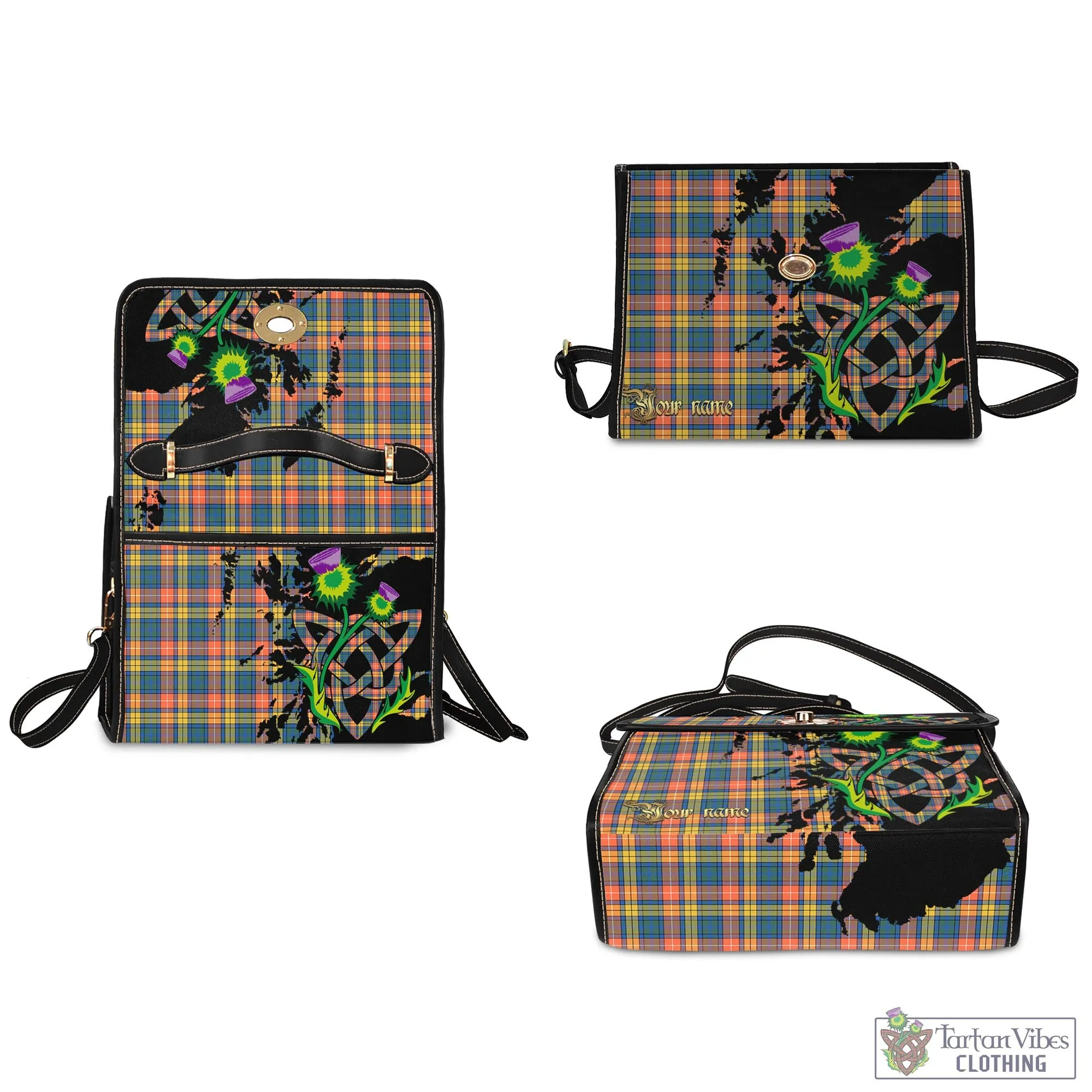 Buchanan Ancient Tartan Waterproof Canvas Bag with Scotland Map and Thistle Celtic Accents