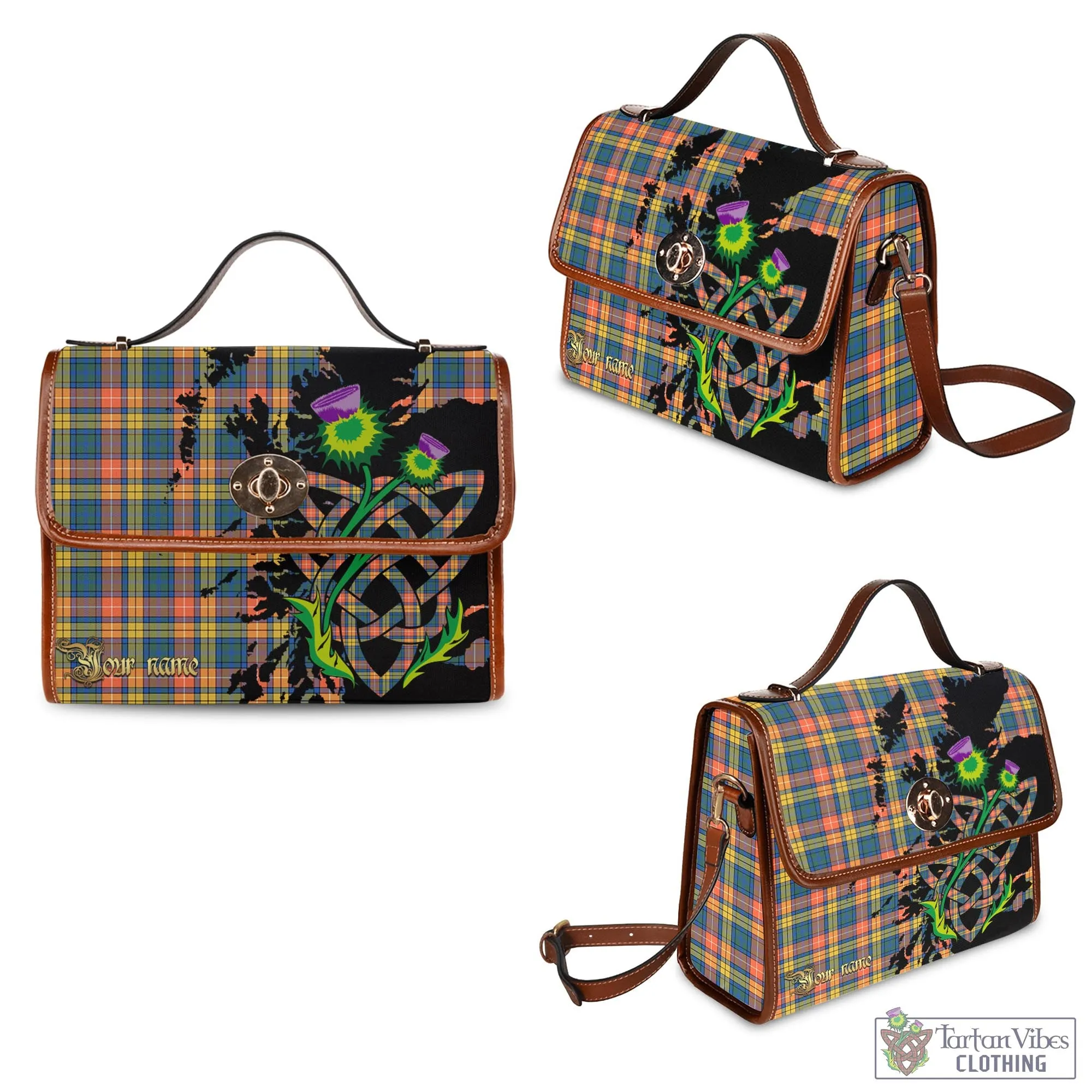 Buchanan Ancient Tartan Waterproof Canvas Bag with Scotland Map and Thistle Celtic Accents