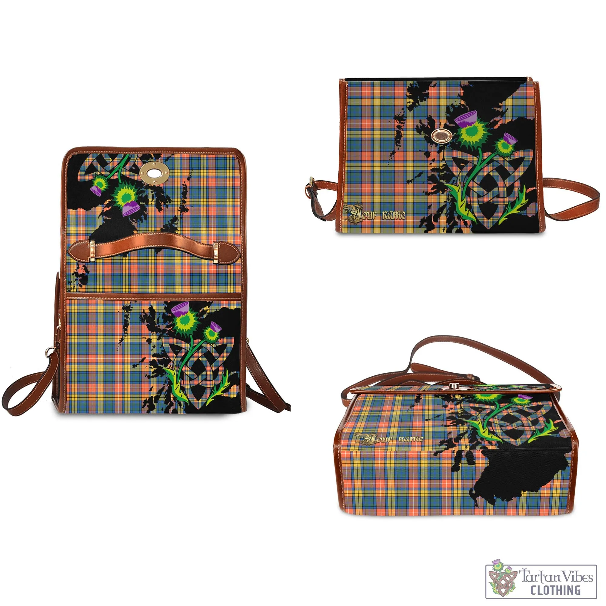 Buchanan Ancient Tartan Waterproof Canvas Bag with Scotland Map and Thistle Celtic Accents