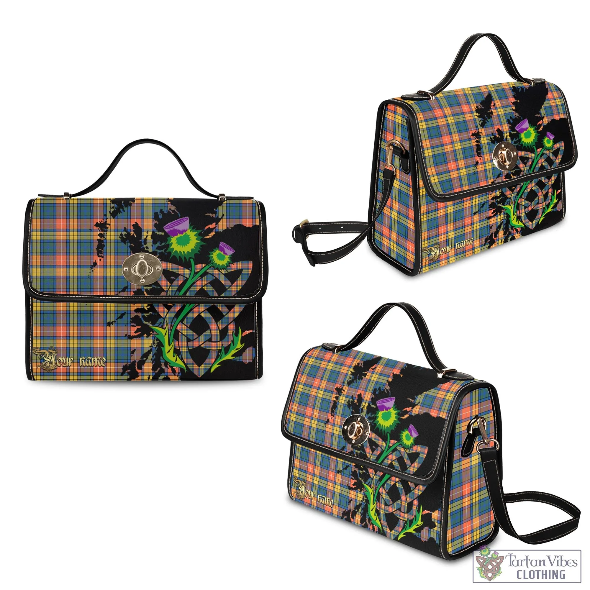 Buchanan Ancient Tartan Waterproof Canvas Bag with Scotland Map and Thistle Celtic Accents