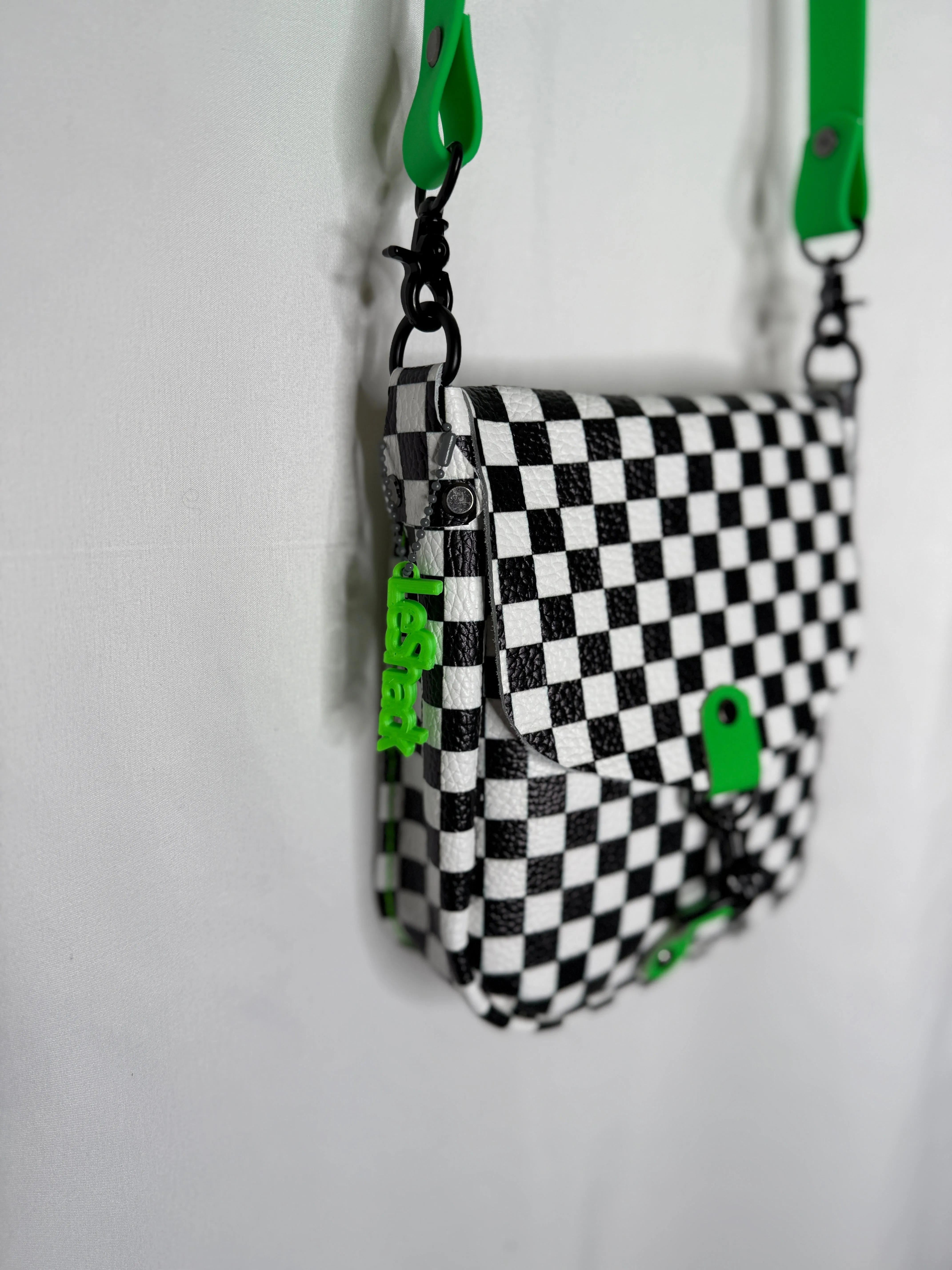 Checkerboard and Neon Green Flap Crossbody Bag