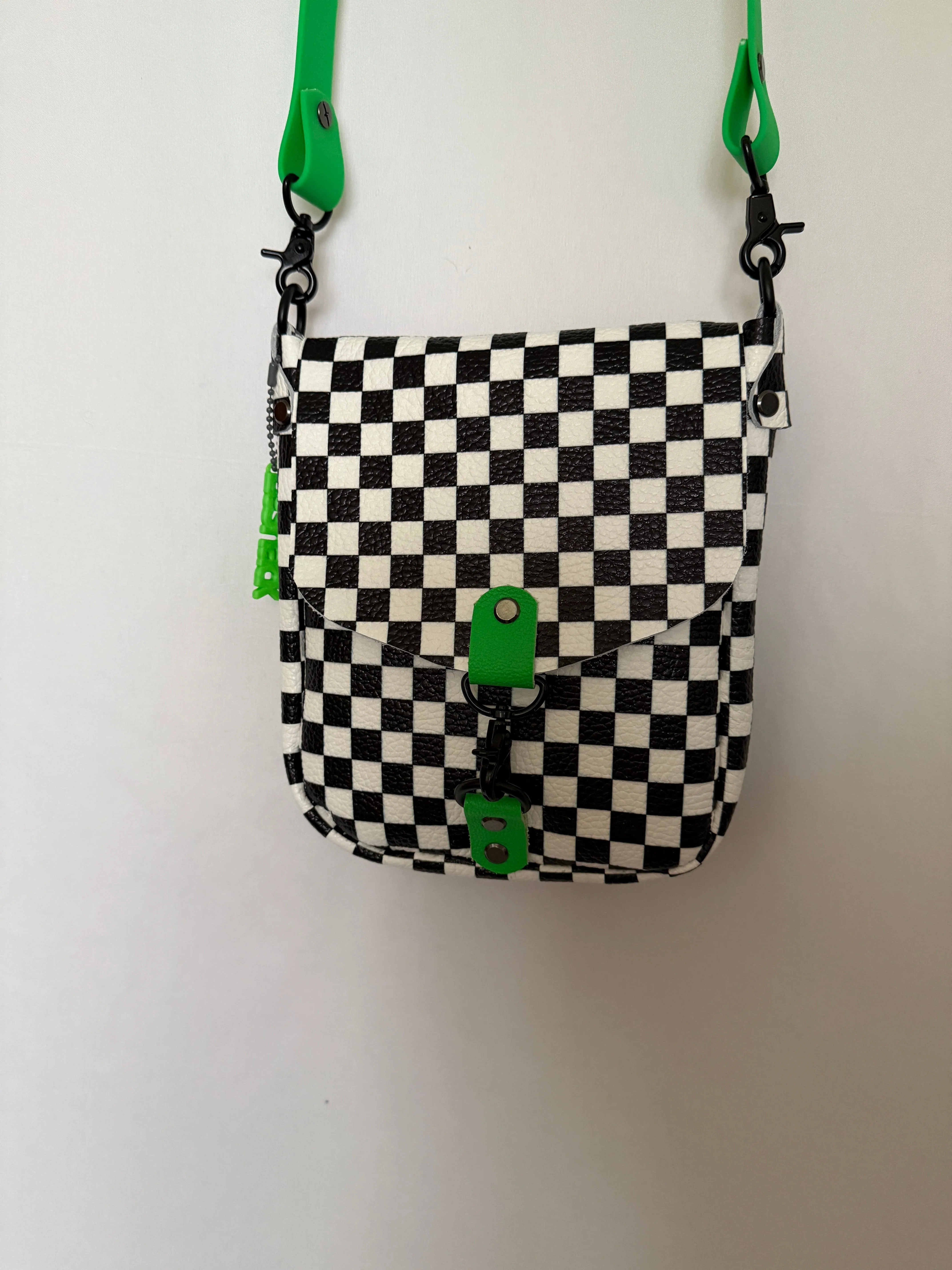 Checkerboard and Neon Green Flap Crossbody Bag