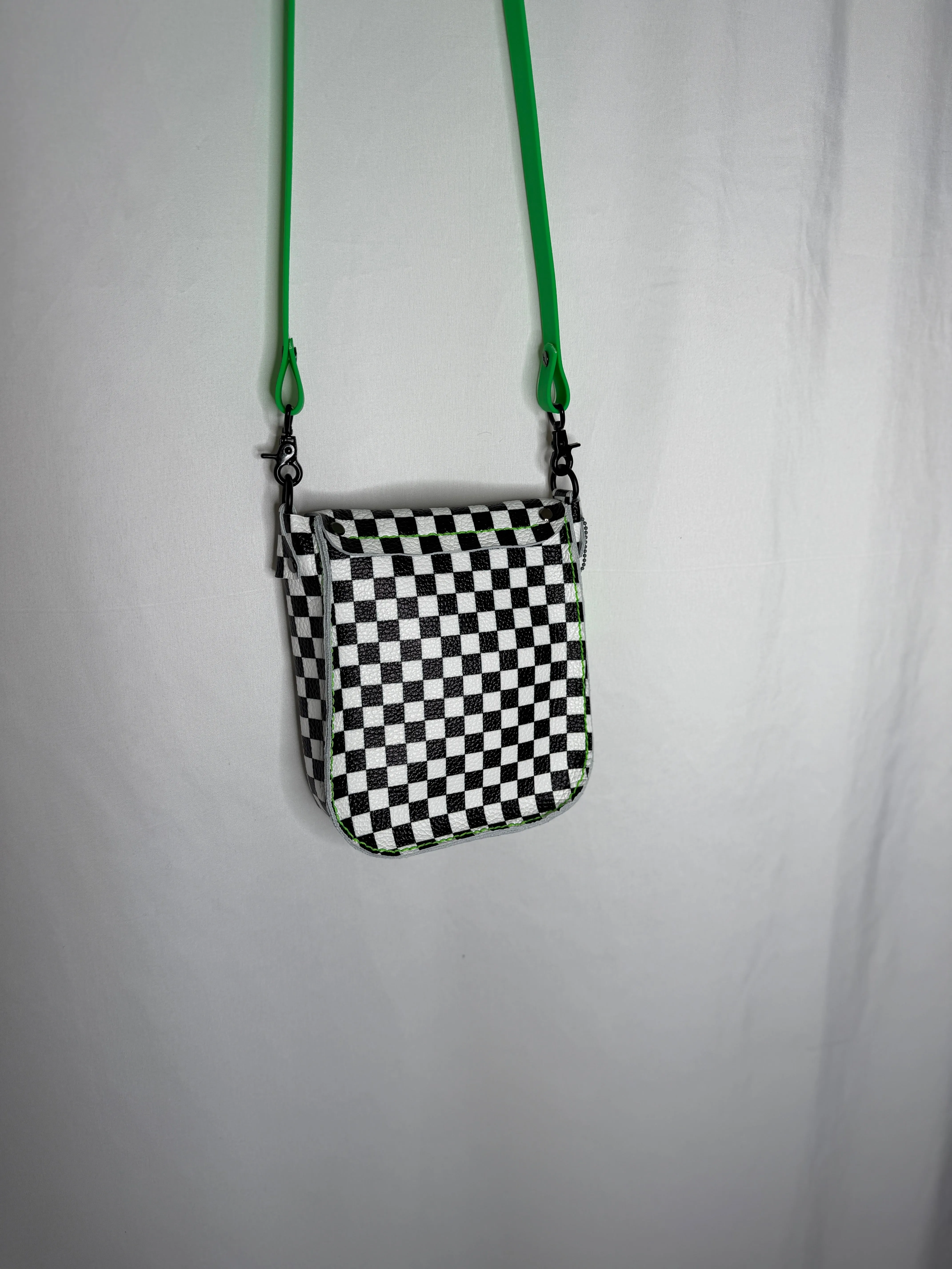 Checkerboard and Neon Green Flap Crossbody Bag