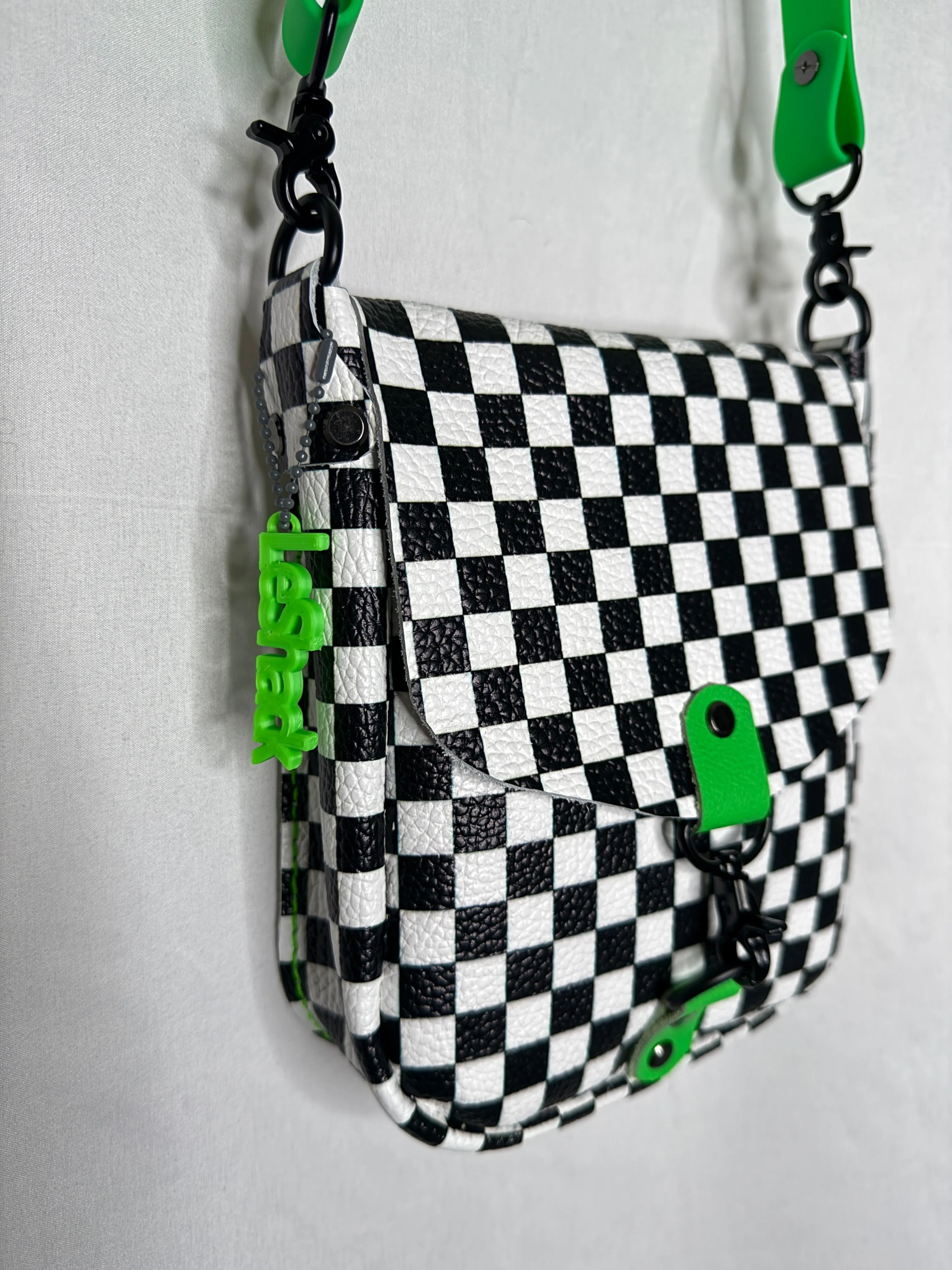 Checkerboard and Neon Green Flap Crossbody Bag