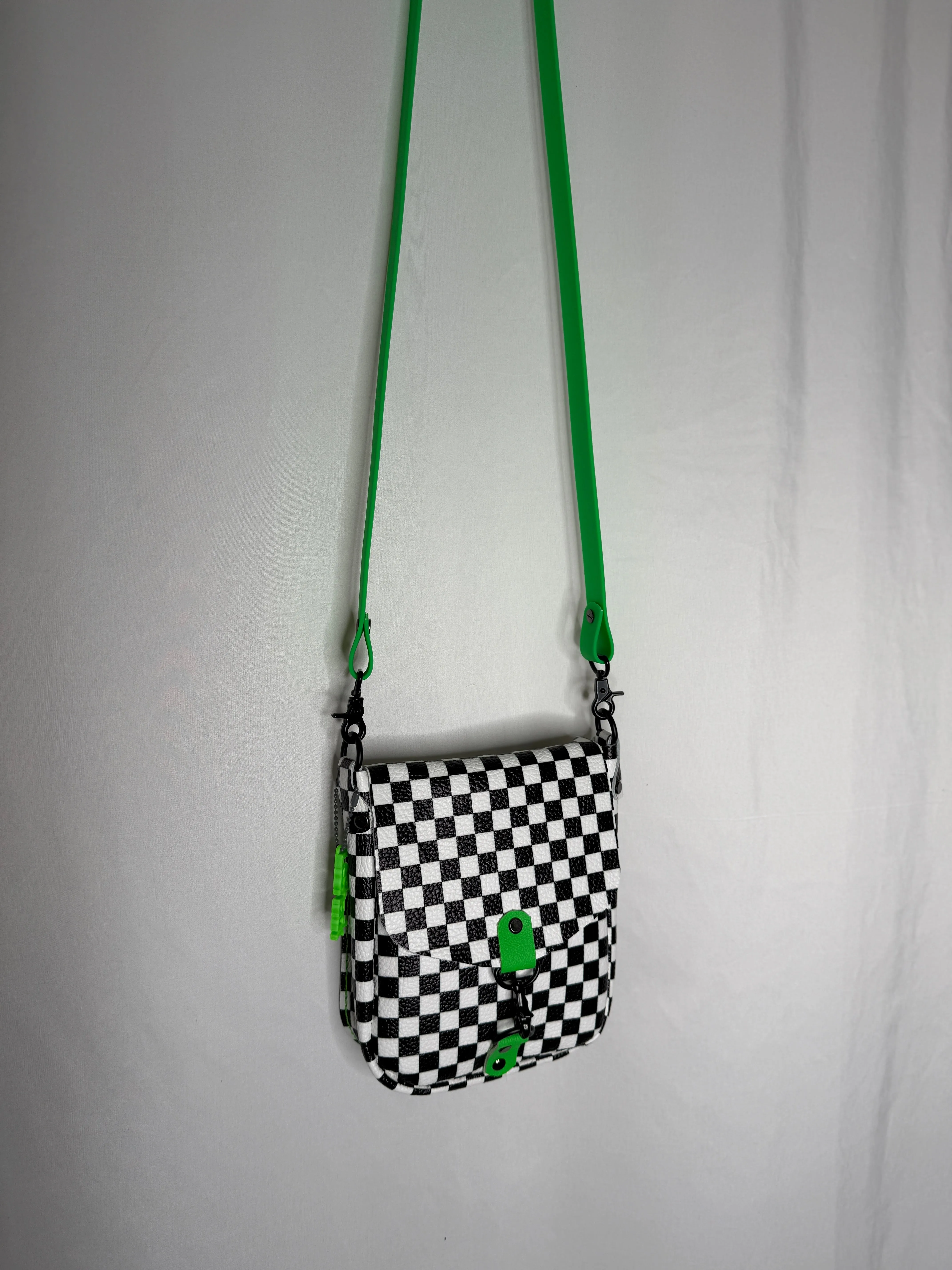 Checkerboard and Neon Green Flap Crossbody Bag