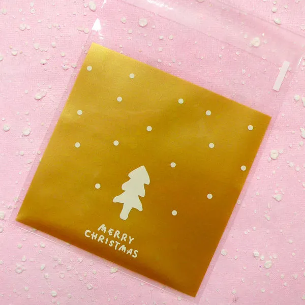 Christmas Tree Gift Bags Merry Christmas (20 pcs / Gold) Self Adhesive Resealable Plastic Handmade Gift Wrapping Bags (10cm x 10.1cm) GB022