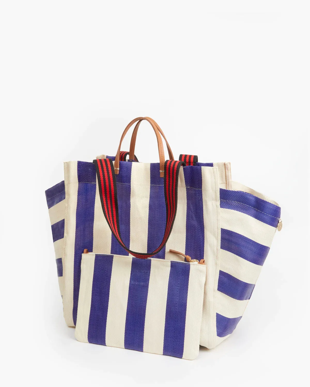 Clare V. - Beach Tote with Flat Clutch in Navy & Cream Striped Mesh