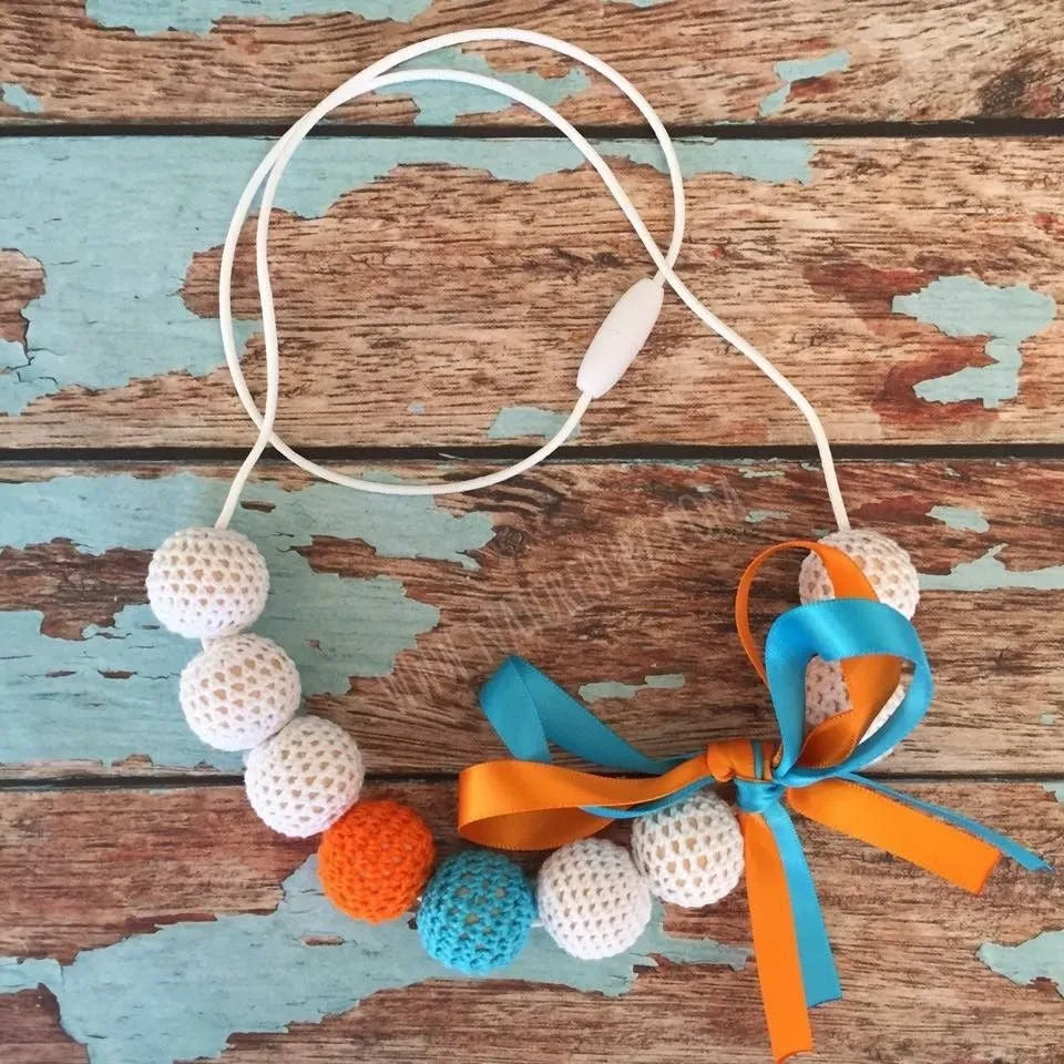 Crochet Bead Nursing Necklace - White/Orange/Aqua