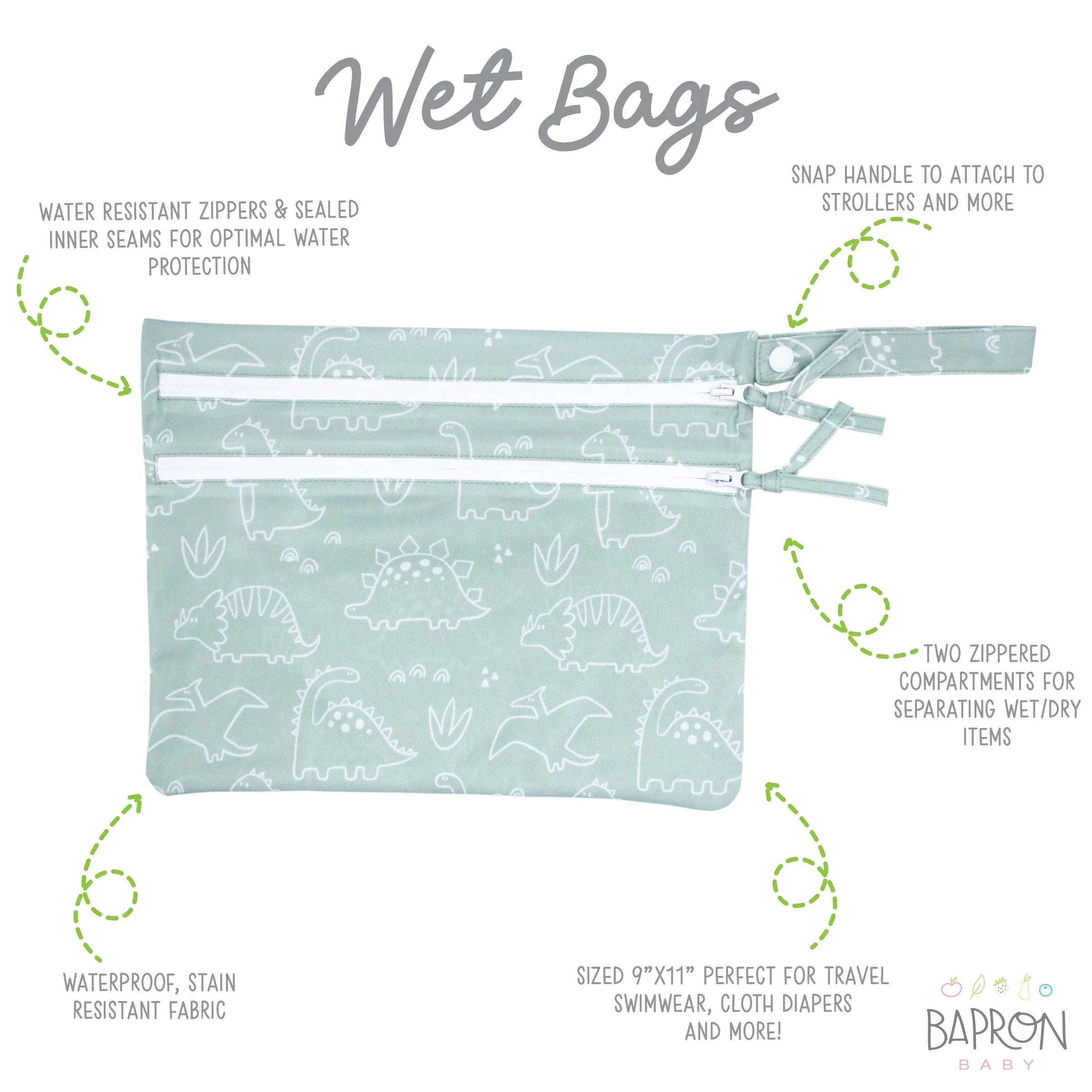 Dino Friends - Sage - Waterproof Wet Bag (for Mealtime, On-the-go, And More!)