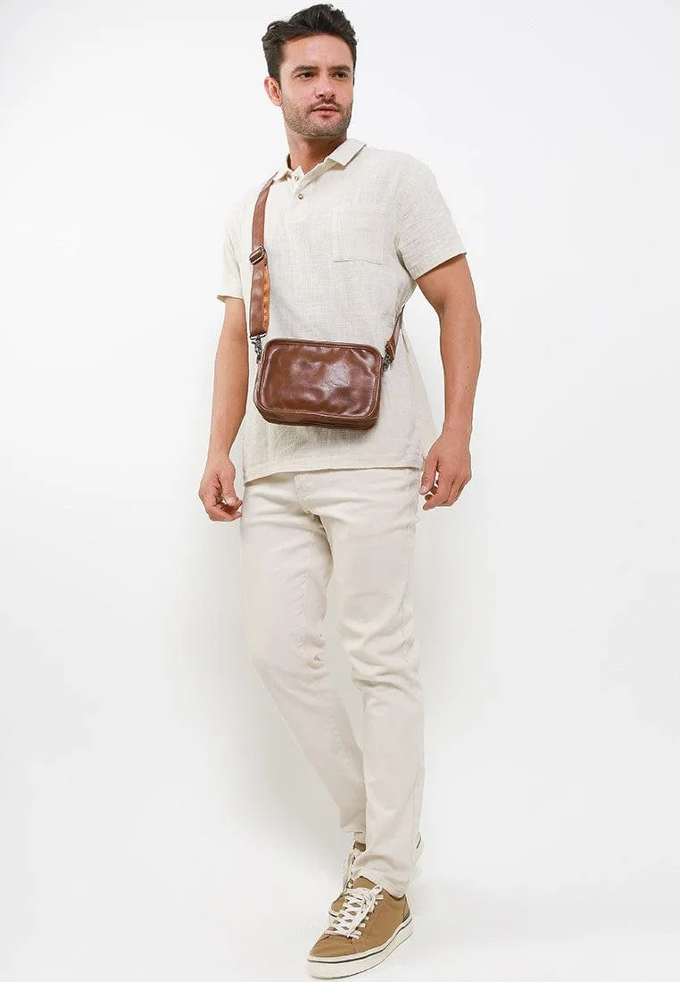 Distressed Leather Commuter Crossbody Bag - Camel