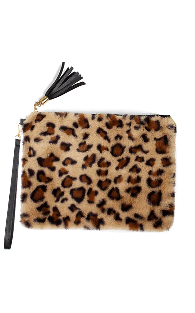 EAB9564 Taupe Leopard Fur Crossbody Clutch Bag