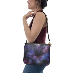 Galaxy Print Small Shoulder Bag, Space Stars Purple Women Leather with Unique Cross Evening Travel Handmade Messenger Crossbody Zipper Purse