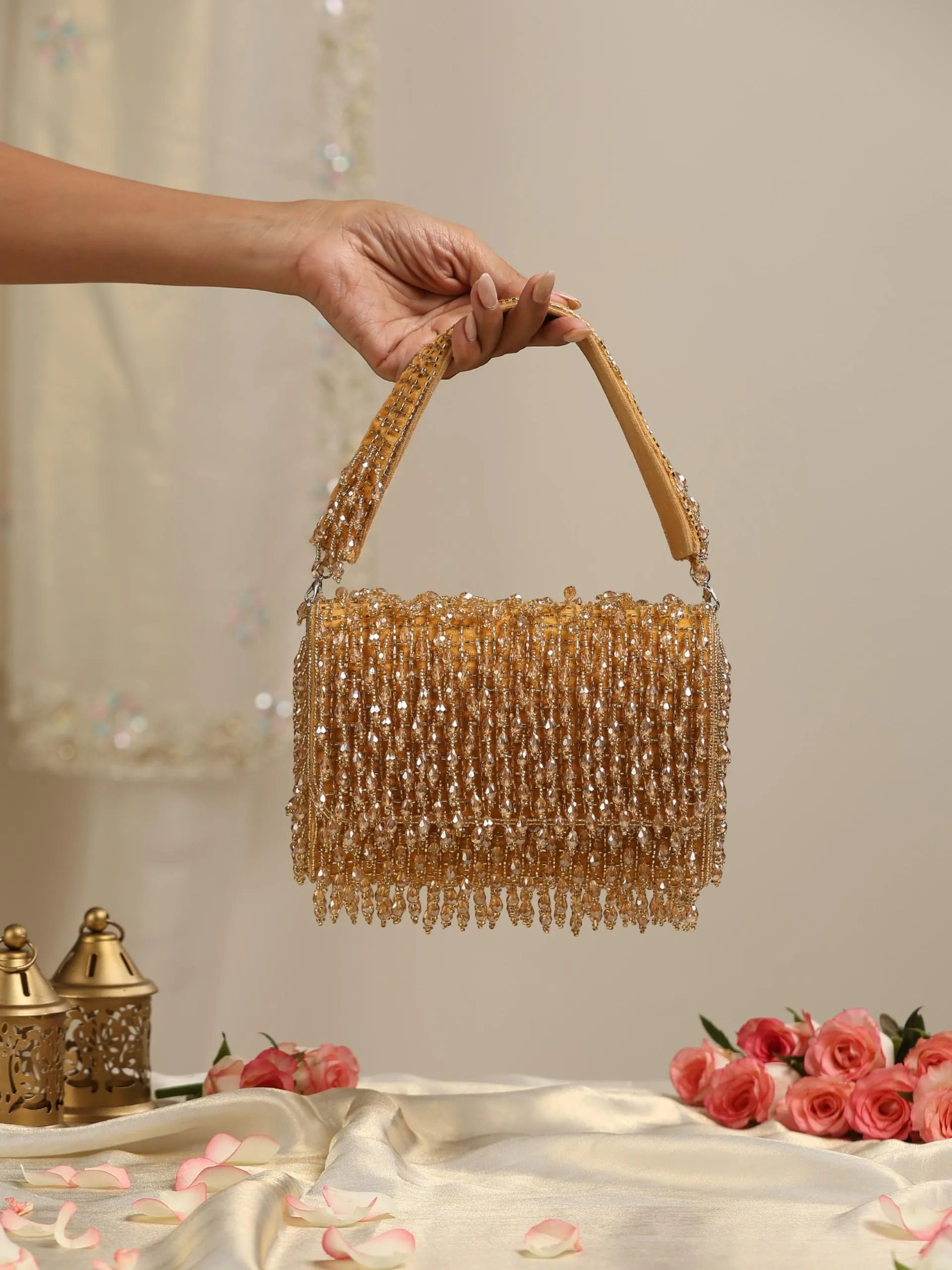 Gold Long Beaded Clutch Bag