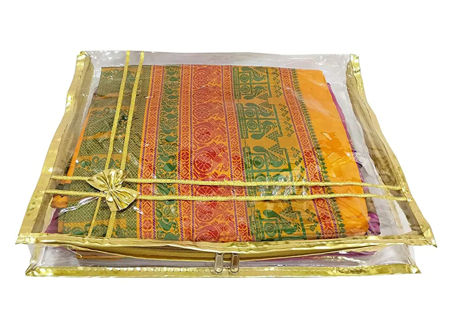 Heart Home Bow Design 3" inch Tranasparent PVC Foldable, Waterproof Saree Cover, Saree Organizer With Golden Border- Pack of 2 (Gold)-HS_38_HEARTH21551