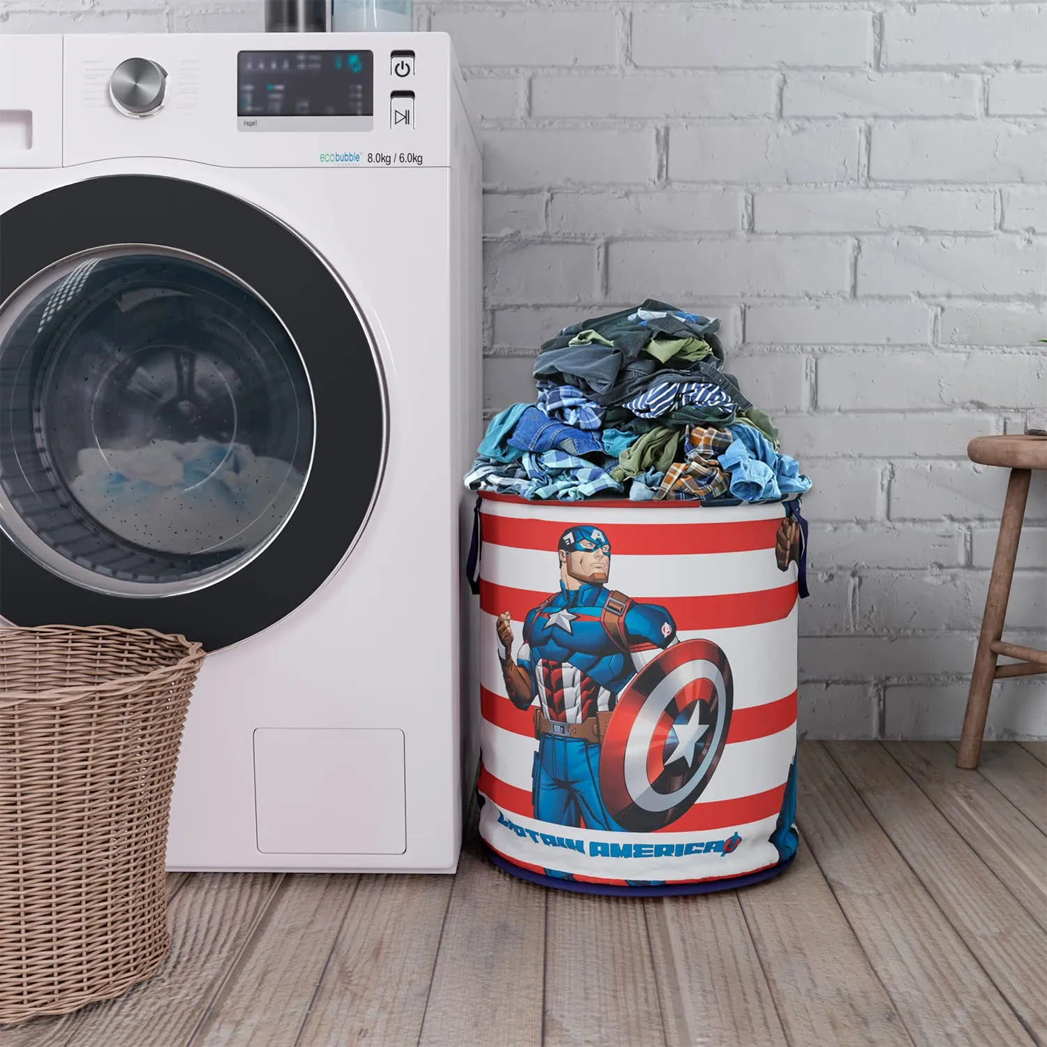 Heart Home Marvel Captain America Print Round Laundry Basket|Polyester Clothes Hamper|Waterproof & Foldable Round Laundry Bag with Handle,45 Ltr.Pack of 2 (Blue)