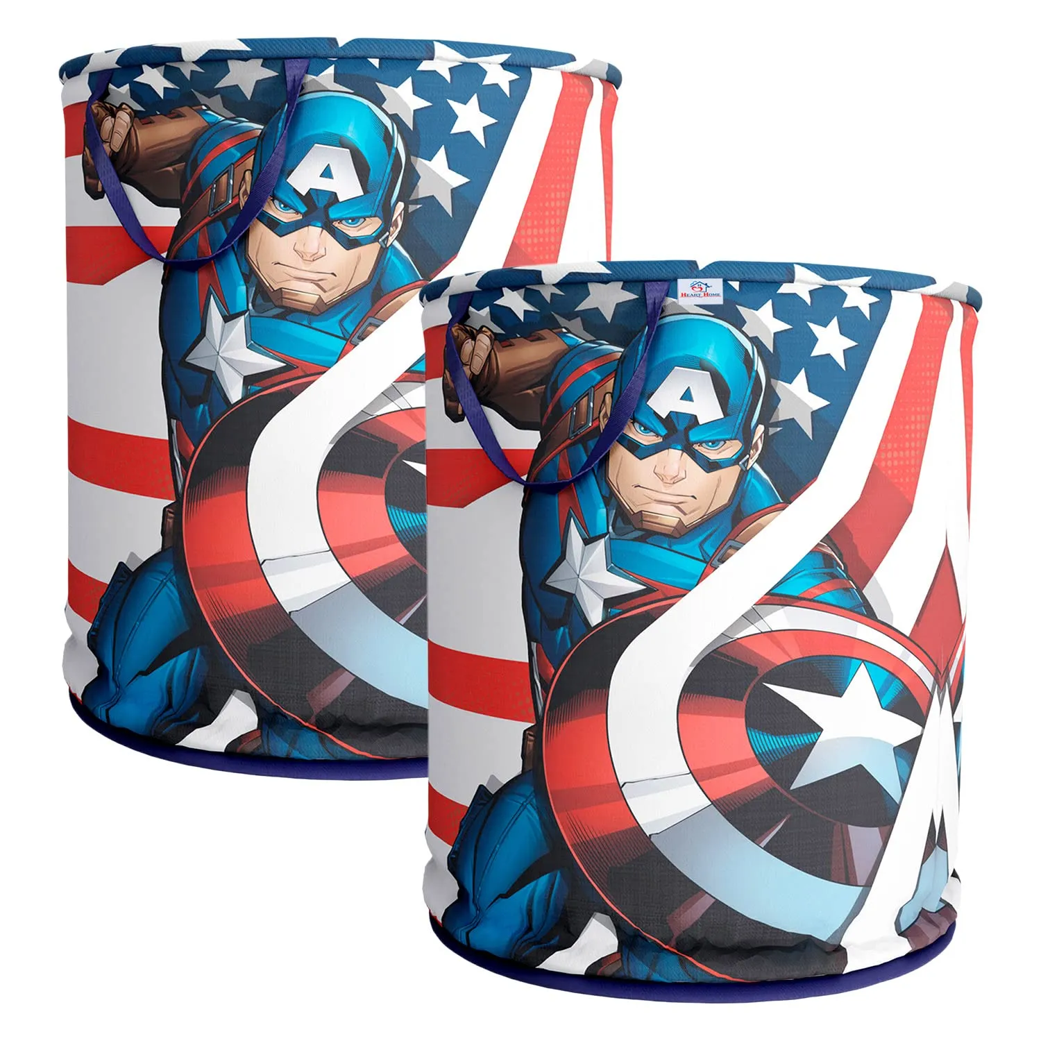 Heart Home Marvel Captain America Print Round Laundry Basket|Polyester Clothes Hamper|Waterproof & Foldable Round Laundry Bag with Handle,45 Ltr.Pack of 2 (Blue)