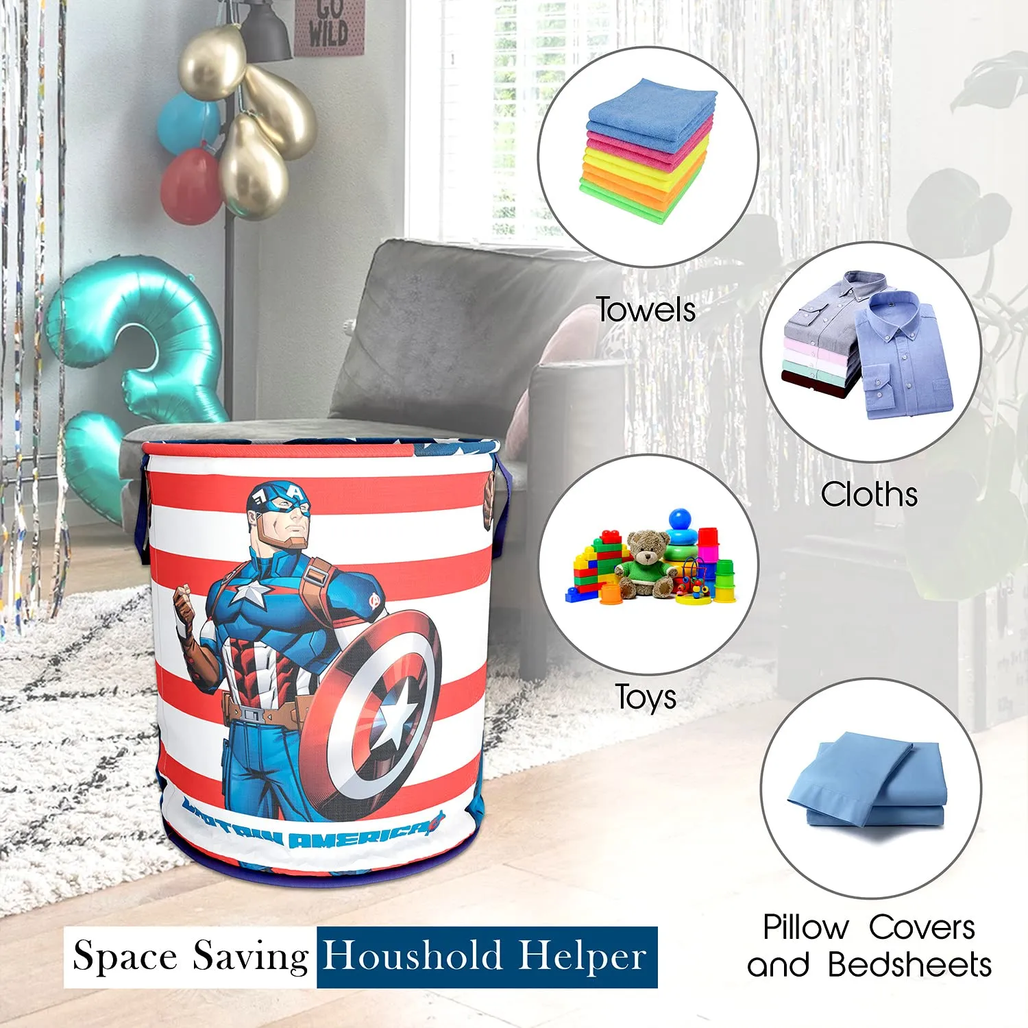 Heart Home Marvel Captain America Print Round Laundry Basket|Polyester Clothes Hamper|Waterproof & Foldable Round Laundry Bag with Handle,45 Ltr.Pack of 2 (Blue)