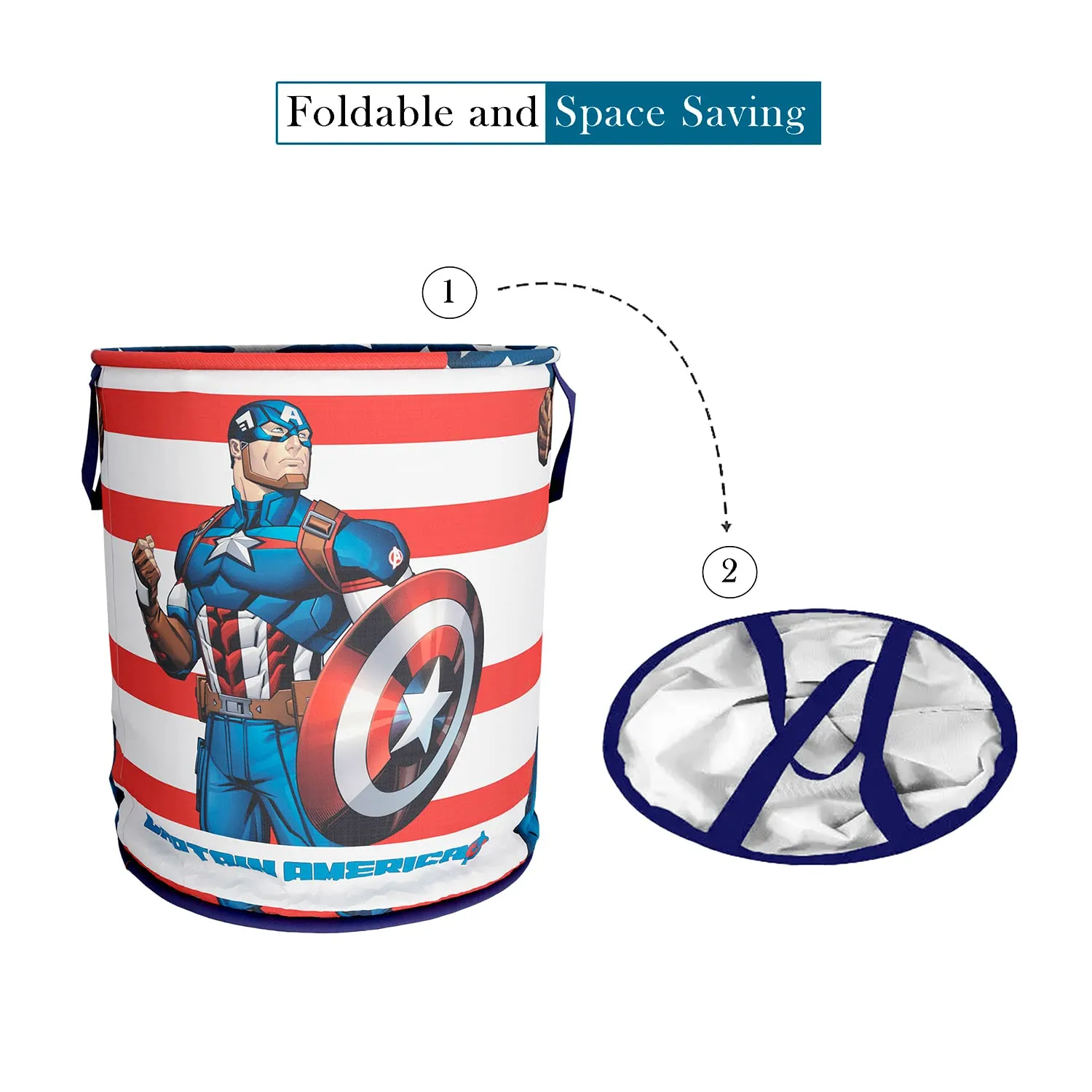 Heart Home Marvel Captain America Print Round Laundry Basket|Polyester Clothes Hamper|Waterproof & Foldable Round Laundry Bag with Handle,45 Ltr.Pack of 2 (Blue)