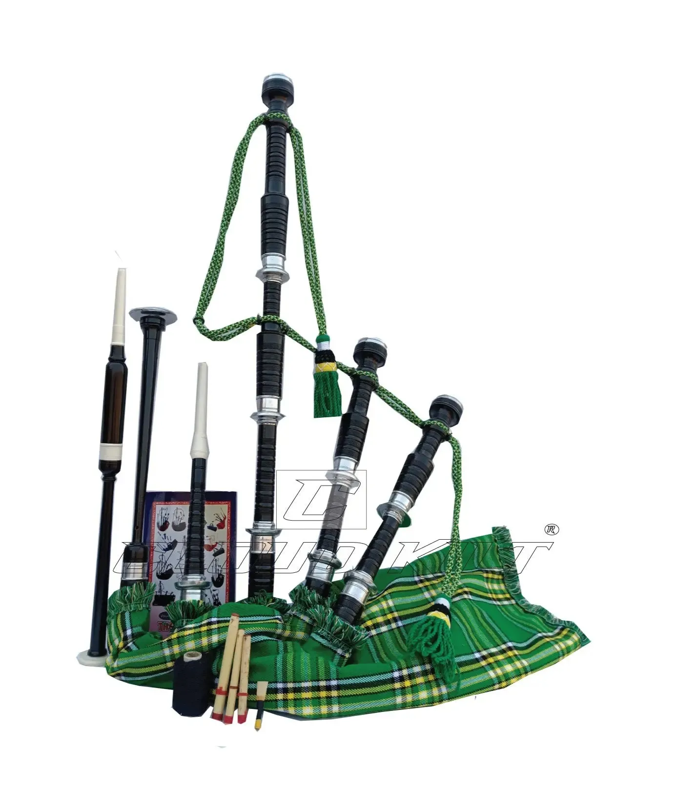 Irish Green Tartan Black With Silver Finish Bagpipe Set With Hard Case