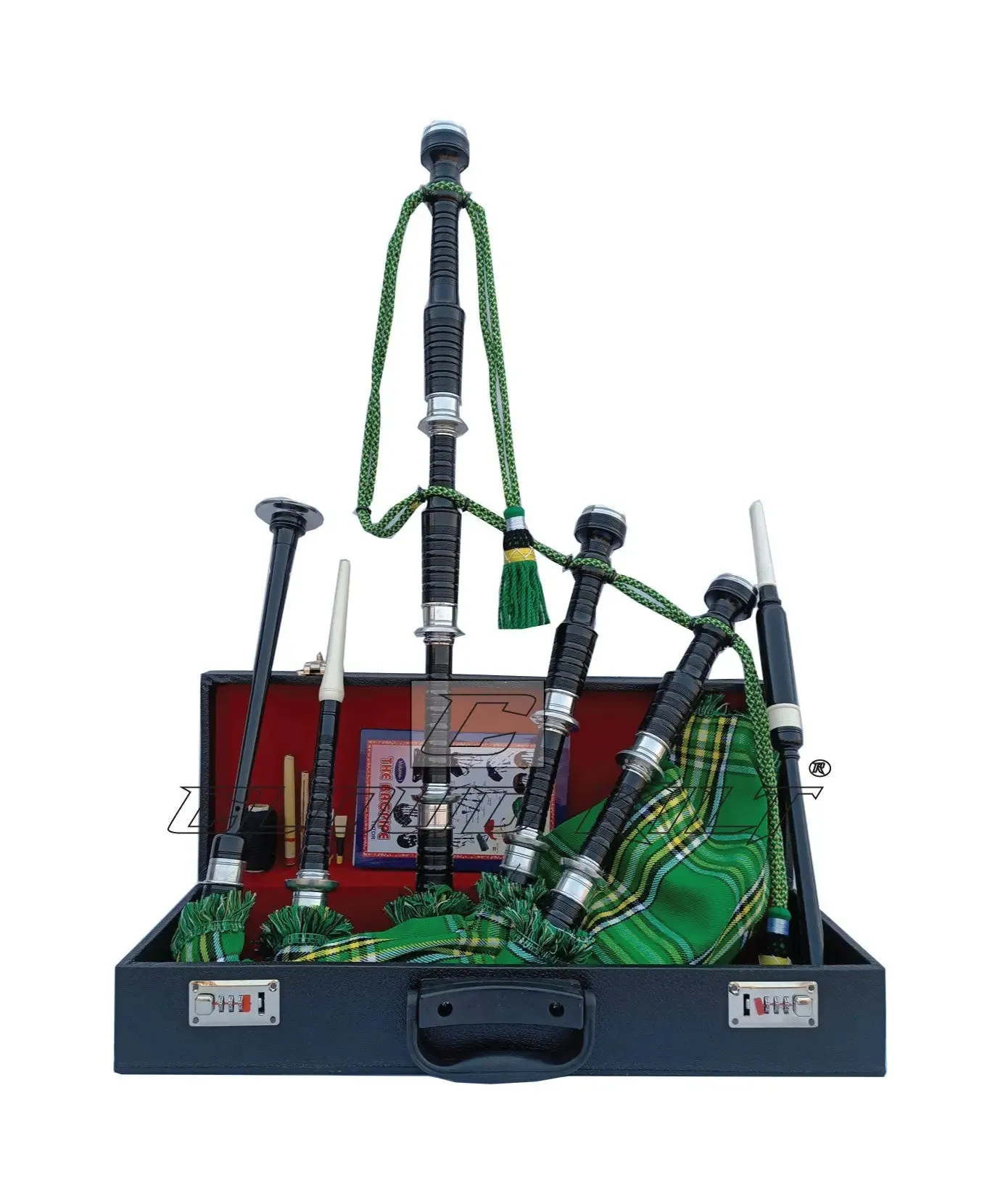 Irish Green Tartan Black With Silver Finish Bagpipe Set With Hard Case