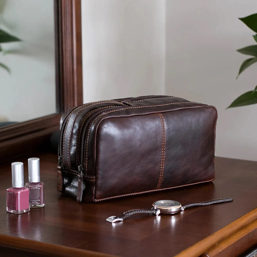 Jack Georges Voyager Leather Zip Toiletry Bag Brown