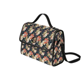 Japanese Flowers Canvas Satchel bag, Black Floral Waterproof Black Women Ladies Crossbody Purse Vegan Leather Shoulder Strap Vintage Handbag