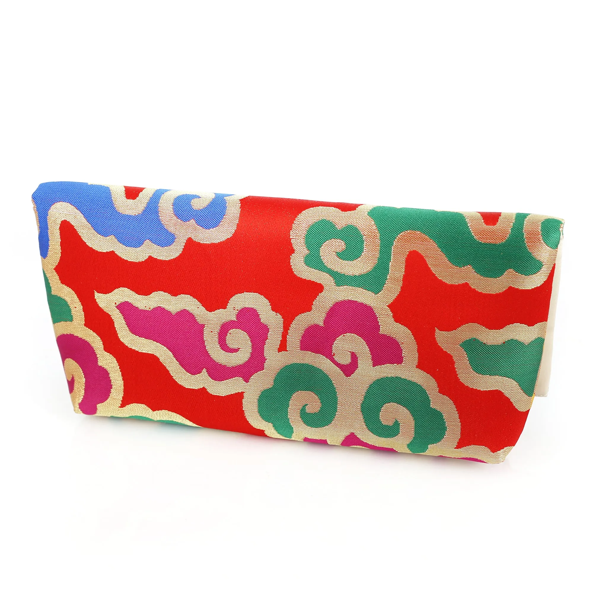 Japanese Kimono Envelope Clutch with Clouds on Red | Upcycled from vintage Japanese Obi