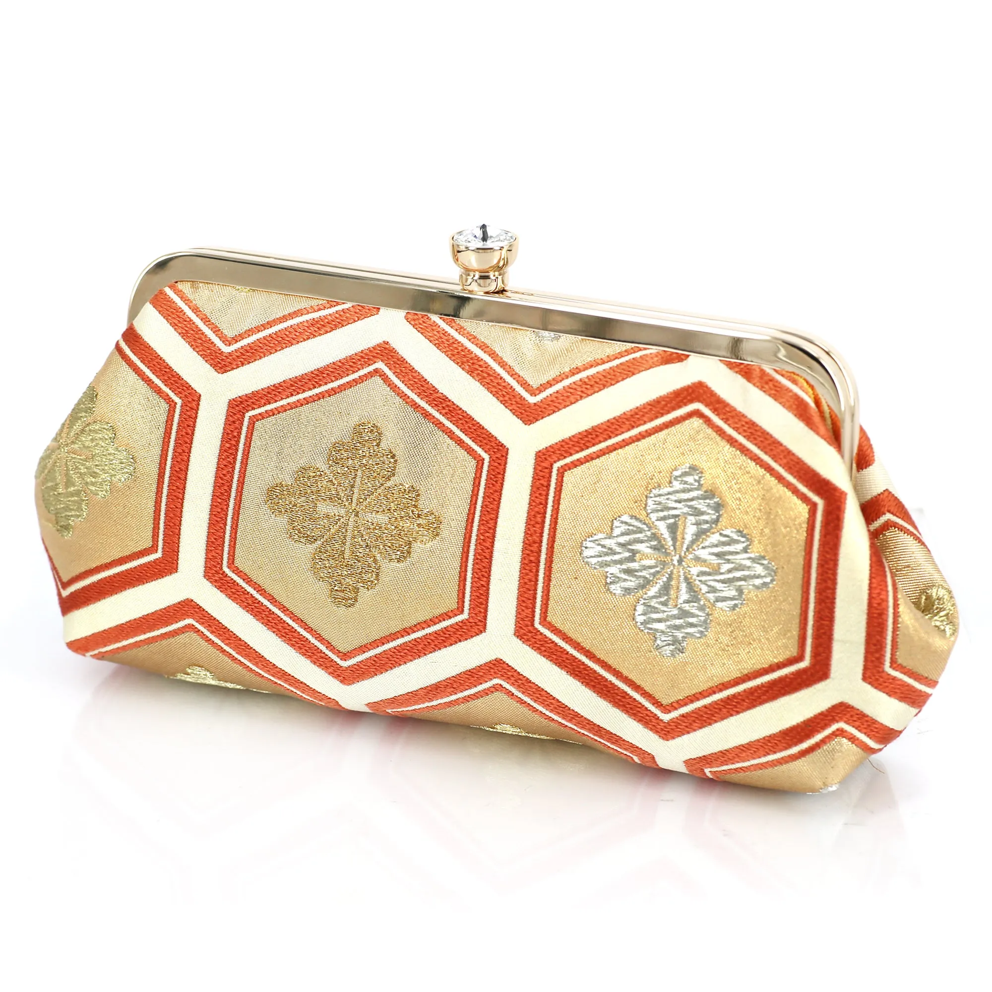 Kikko Hexagon Clutch Purse in Gold and Peach| Upcycled from vintage Japanese Obi