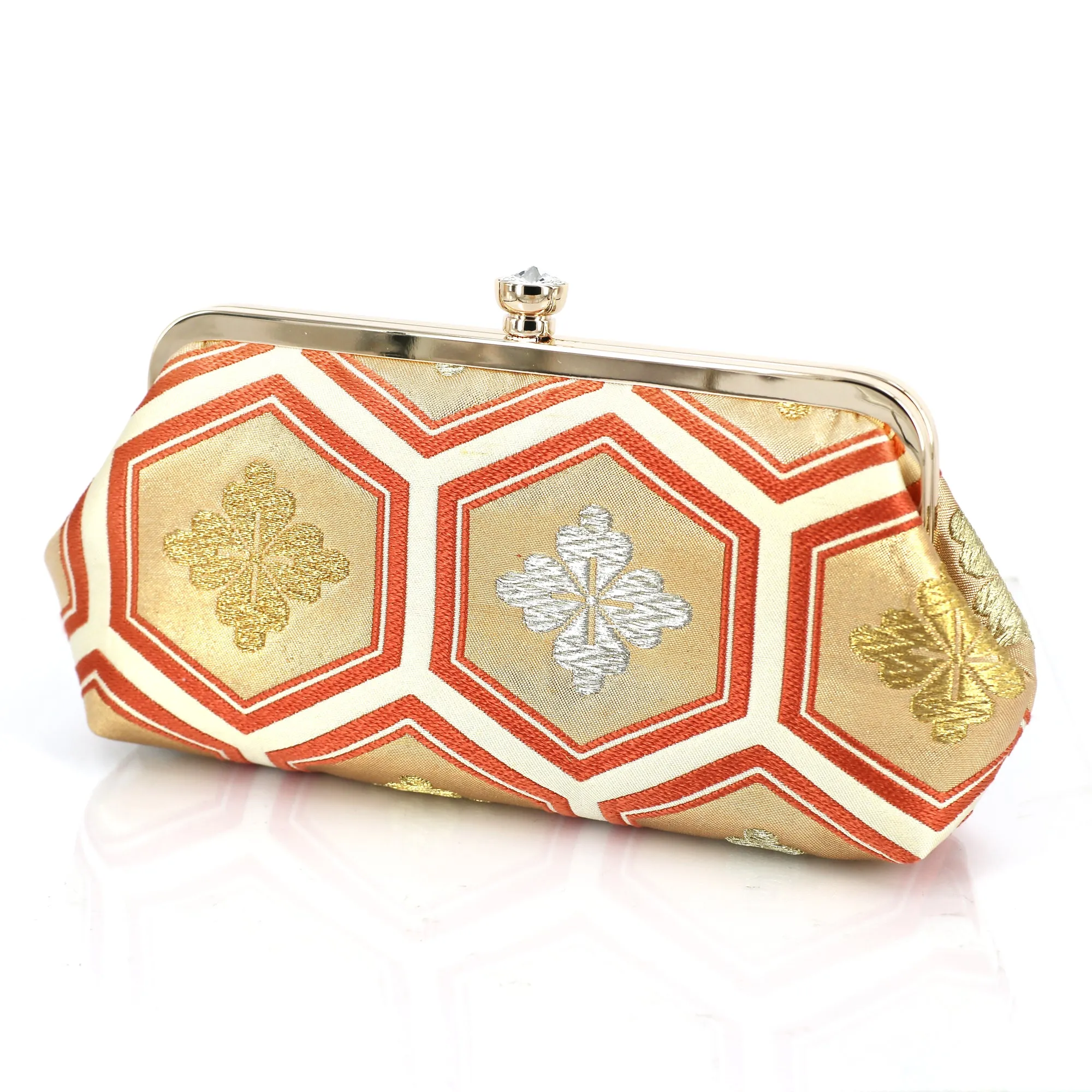 Kikko Hexagon Clutch Purse in Gold and Peach| Upcycled from vintage Japanese Obi