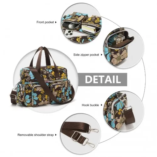 Kono Sleek Floral Crossbody Tote Bag - Water-Resistant & Multi-Pocket Design - Elegant Brown