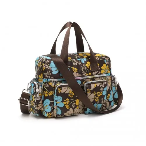 Kono Sleek Floral Crossbody Tote Bag - Water-Resistant & Multi-Pocket Design - Elegant Brown