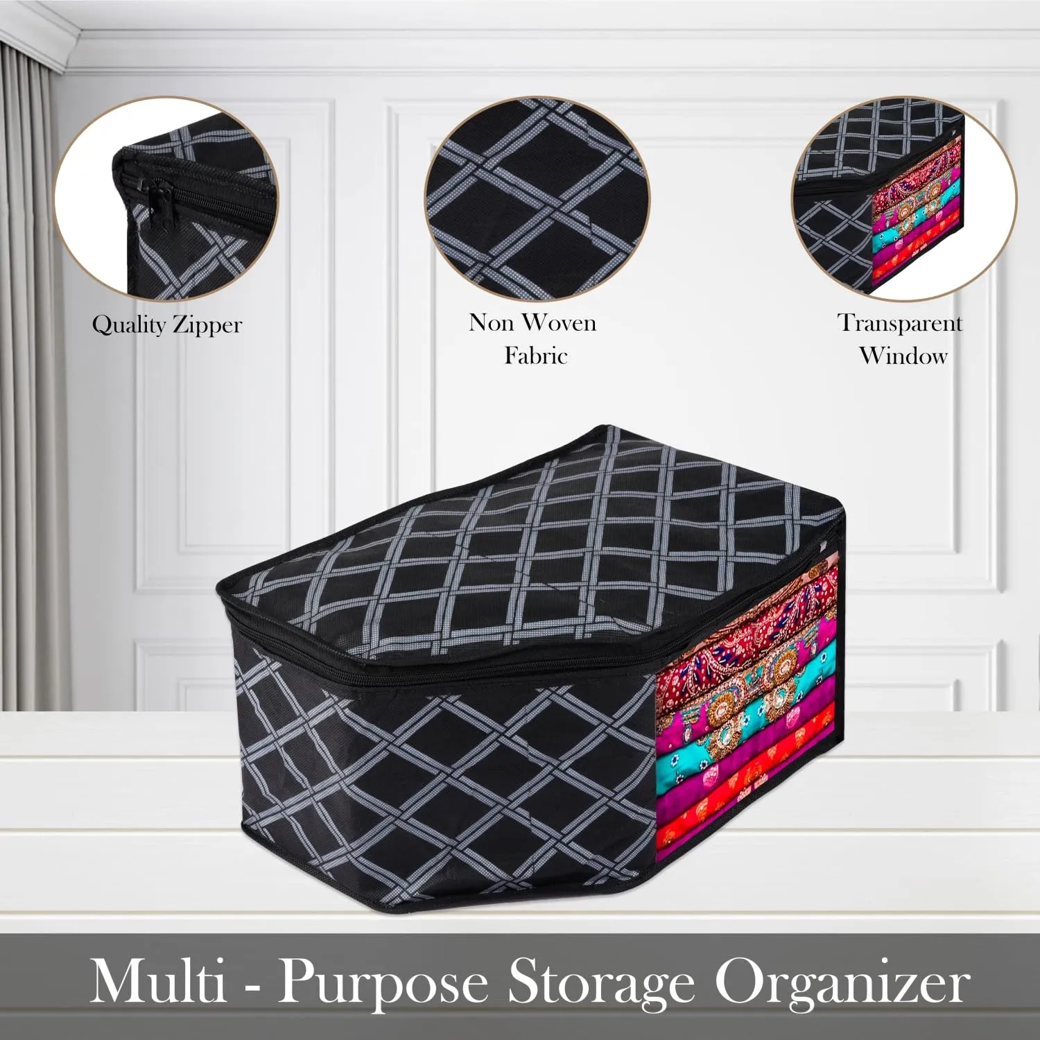 Kuber Industries Blouse Cover | Clothes Storage Bag | Zipper Wardrobe Organizers | Non-Woven Clothes Organiser | Side Transparent Blouse Organizer | Check-Design | Pack of 6 | Black